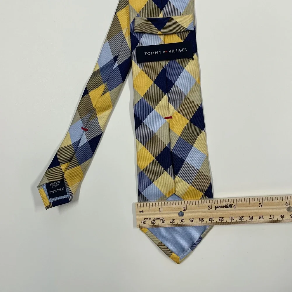 Tommy Hilfiger Yellow Navy Blue Plaid Silk Necktie Mens One Size